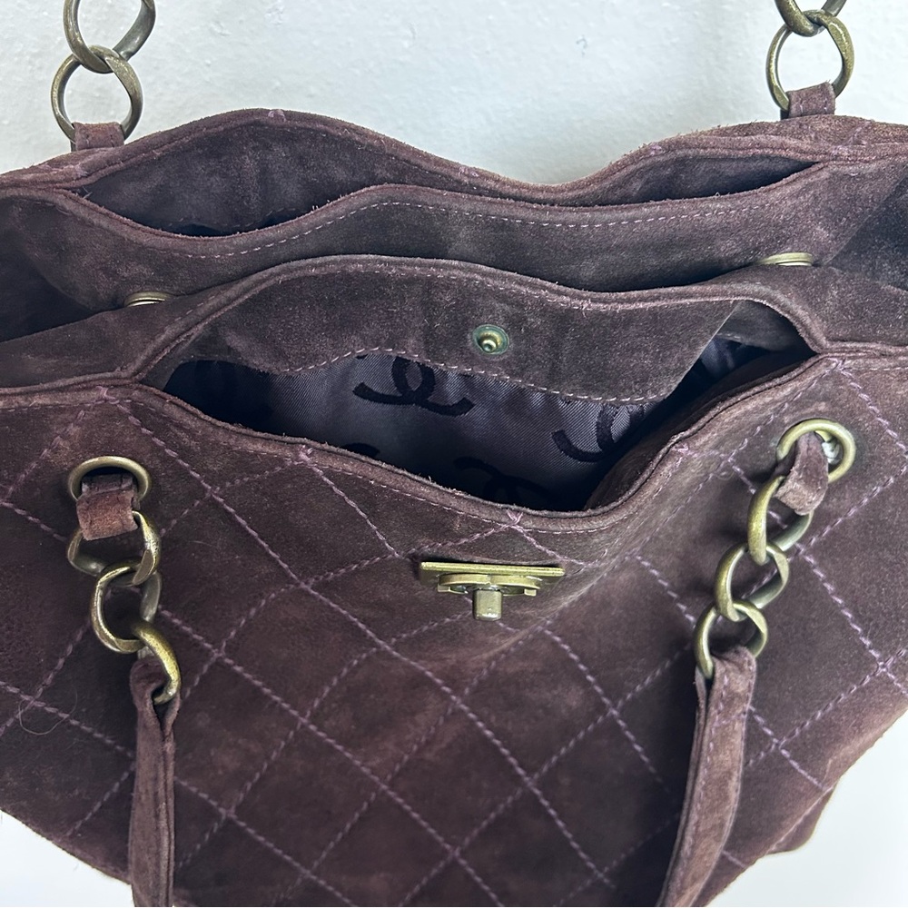 CHANEL Dark Brown Quilted Suede Shoulder Tote with Gold Hardware - Picture 13 of 14